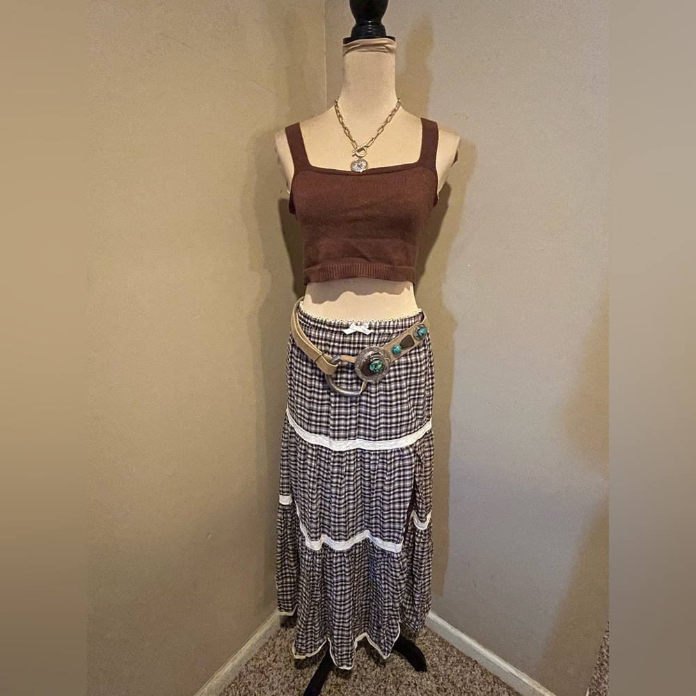 Grey Bandit Montana Skirt Brown & Cream Plaid & Lace Maxi Skirt, Side Slit,  M - Picture 6 of 9